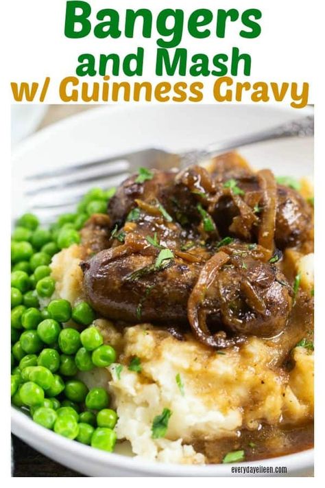 Delicious Irish Bangers with caramelized onions and Guinness gravy over mashed potatoes and green peas. Delicious sausages in a rich brown gravy! Bangers And Mash Recipe Irish, Irish Bangers, Bangers And Mash Recipe, Olympic Food, English Recipes, Mash Potato, Comfort Recipes, Over Mashed Potatoes, Hp Sauce