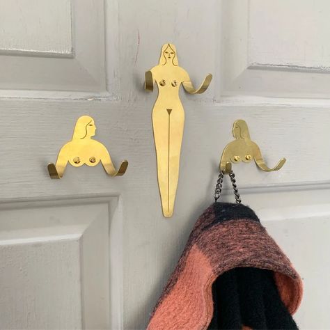 Female Support System - Brass Hook Twins by Kaye Blegvad seen at Private Residence, Brooklyn | Wescover Brass Hook, First Apartment, Support System, Coat Hooks, Dream House Decor, 인테리어 디자인, Room Inspo, Home Deco, Apartment Decor