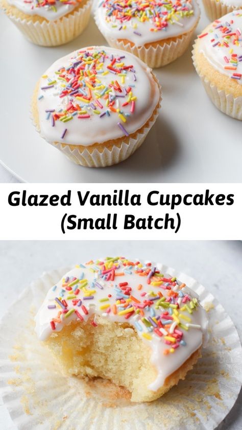 This recipe makes 6 glazed vanilla cupcakes. A small batch of cupcakes that only contain around 240 calories each. #vanillacupcakes #sprinkles #lowcaloriecupcake Small Batch Of Cupcakes, Cupcakes Small Batch, Small Batch Vanilla Cupcakes, Cupcake Glaze, Low Calorie Cupcakes, Easy Vanilla Cupcakes, Buttercream Frosting For Cupcakes, Glaze Icing, Small Batch Baking