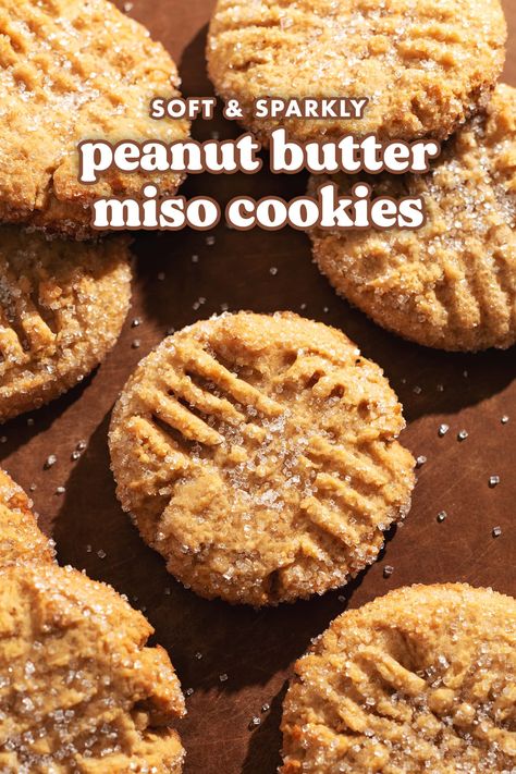 These peanut butter miso cookies are ultra soft with the crunch of sugar crystals on the outside. They're delicious rich, buttery, and savoury cookies that you'll love! #peanutbutter #miso #cookies | teakandthyme.com Miso Peanut Butter Cookies, Miso Cake, Miso Cookies, Savoury Cookies, Bite Size Cookies, Sugar Crystals, Pastry Recipes, Creamy Peanut Butter, Peanut Butter Cookies