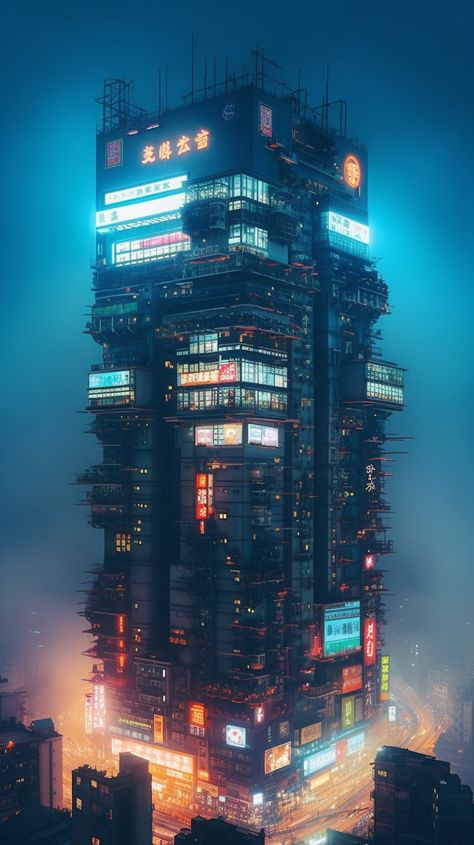 A mega cyberpunk building is covered with tons of colorful advertisements. This is an architectural AI artwork generated with Midjourney. Cyberpunk Mega Building, Cyberpunk 2077 Building, Cyberpunk Building Design, Cyberpunk Building Concept Art, Building Cyberpunk, Cyberpunk Advertisement, Cyberpunk Art Futuristic Architecture, Neon Building, Cyberpunk Architecture