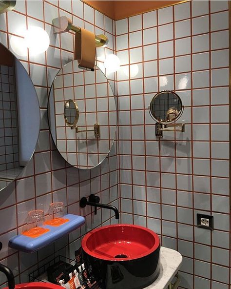 Something different  @fionalynchoffice by bathroomcollective #bathroomdiy #bathroomremodel #bathroomdesign Round Bath, Black Taps, Restroom Design, Industrial Bathroom, Bath Mirror, Arch Interior, Laundry In Bathroom, White Tiles, Vanity Top