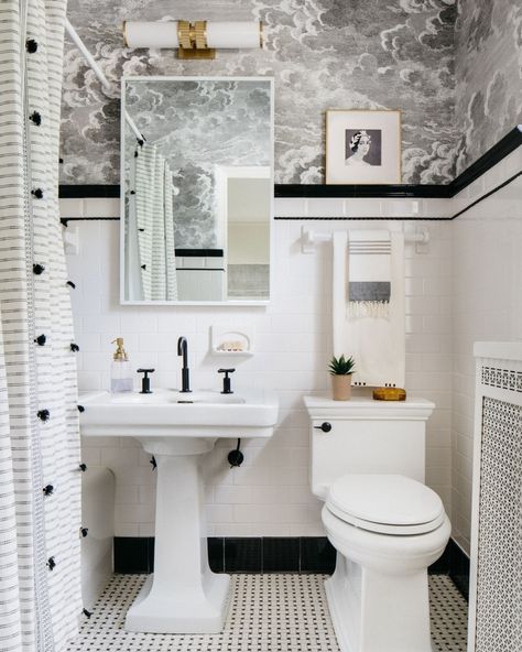 All Posts • Instagram Basketweave Tile Floor, Old Home Renovation, Black And White Tiles Bathroom, Kate Marker Interiors, White Bathroom Tiles, Black And White Tiles, Classic Bathroom, Bath Vanity Lighting, Updating House