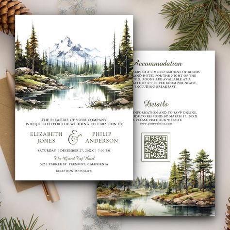 Rustic Mountain Forest Lake QR Code Wedding Invitation Lake George Wedding, Qr Code Wedding, Forest Theme Wedding, Rsvp Online, Cabin Wedding, Mountain Forest, Forest Theme, Lake George, Pine Trees