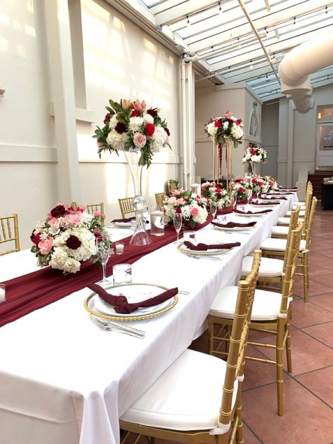 Burgundy Table Decor, High And Low Centerpieces, Long Tablescape, Burgundy Wedding Centerpieces, Wedding Church Decor, Marsala Wedding, Low Centerpieces, Pink And Burgundy, Welcome Table