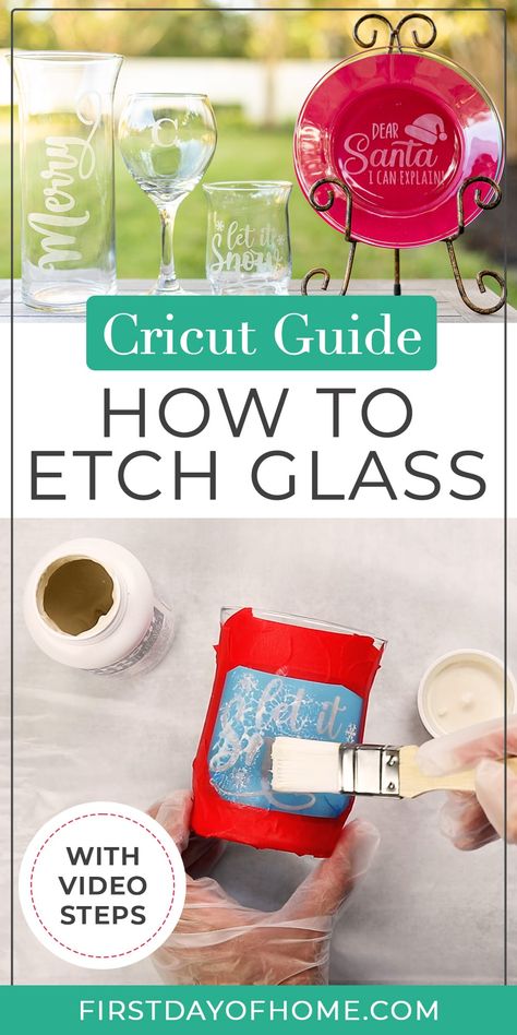 Etch Glass With Cricut, Etching Glassware Diy, Glass Etching Tutorial, Glass Etching Gifts, Glass Etching Diy, Etching Diy, Glass Etching Projects, Glass Etching Stencils, Etched Wine Glasses