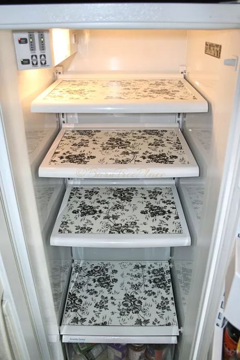 31 Astounding Things You Didn't Know You Could Do With Contact Paper | Hometalk Small Portable Kitchen Island, Refrigerator Makeover, Frosted Mirror, Ikea Coffee Table, Portable Kitchen Island, Dc Fix, Fridge Shelves, Waterproof Rug, Old Bar