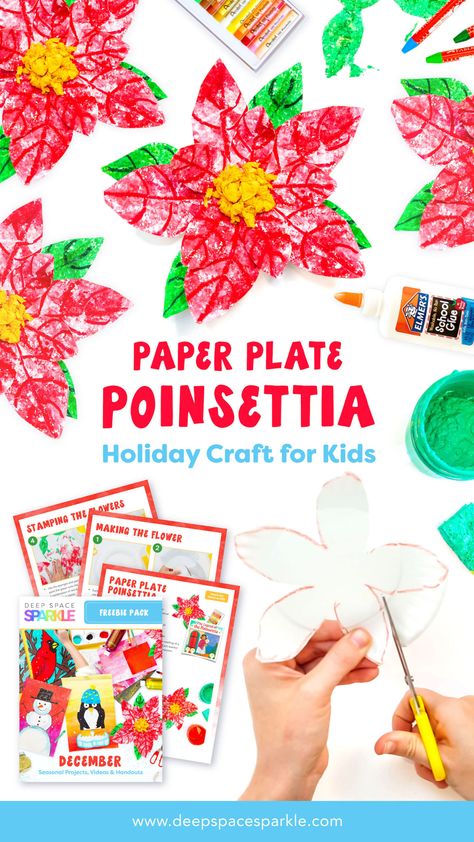 Paper Plate Poinsettia- Holiday Craft for Kids | Deep Space Sparkle Paper Plate Poinsettia Crafts For Kids, Pointsetta Art For Kids, Poinsettia Door Decorations Classroom, Poinsettia Preschool Craft, Preschool Poinsettia Craft, Los Pasados Crafts For Kids, La Posada Crafts For Kids, Poinsettia Art For Kids, Poinsettia Art Projects For Kids