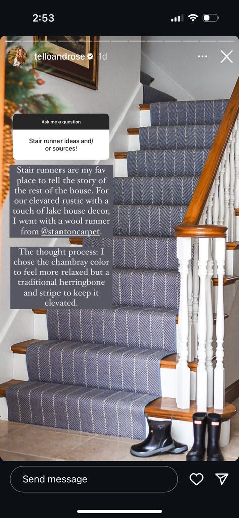 Navy Blue Stair Runner, House Carpet, Basement Stairs, Blue Carpet, Lake House Decor, Stair Runner, Wool Runners, Interior Design Tips, Design Tips