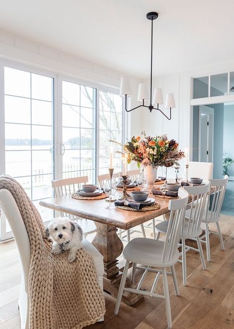 Neutral Thanksgiving tablescape Orange Wildflowers, Lake House Furniture, Rattan Accents, Lilypad Cottage, Tablescapes Autumn, Cottage Dining, Grey Plates, Blogger Home, Thanksgiving Tablescape