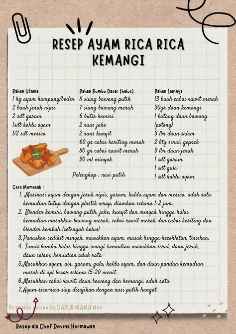 Ayam Rica Rica, Printable Recipe, Food Printables, Collage, Pins, Quick Saves