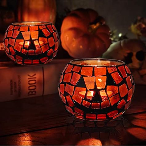 SHMILMH Halloween Candles Holder Set of 4, Grimace Tealight Holders, Handmade Mosaic Pumpkin Glass Votive Candle Holders for Halloween Table Centerpiece Home Decor Mosaic Pumpkin, Halloween Table Centerpieces, Mosaic Candle Holders, Candle Table Centerpieces, Table Candle Holders, Candles Holder, Pumpkin Candle Holder, Centerpiece Home, Glass Tealight Candle Holders