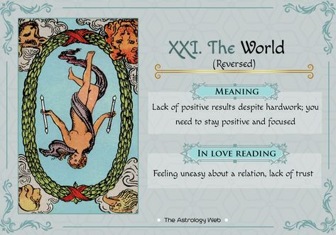 The World Tarot: Meaning In Upright, Reversed, Love & Other Readings | The Astrology Web The World Reversed, The World Reversed Tarot Meaning, The World Reverse Tarot Meaning, The World Tarot Meaning, The World Tarot Card, Hanged Man Tarot, Tarot Cards Major Arcana, Justice Tarot, The World Tarot