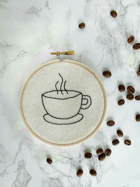 Coffee Cup Embroidery, Cup Embroidery, Diy Embroidery Designs, Simple Embroidery Designs, Hand Embroidery Videos, Diy Embroidery Patterns, Pola Kristik, Hand Embroidery Projects, Embroidery Flowers Pattern