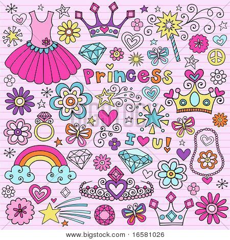 Hand-Drawn Princess Notebook Doodle Design Elements Set on Pink Lined Sketchbook Paper Background- Vector Illustration Sketchy Doodles, Notebook Doodle, Henna Doodle, Fancy Lettering, Doodle Journal, Doodle Girl, Icon Set Design, Notebook Doodles, Doodle Frame