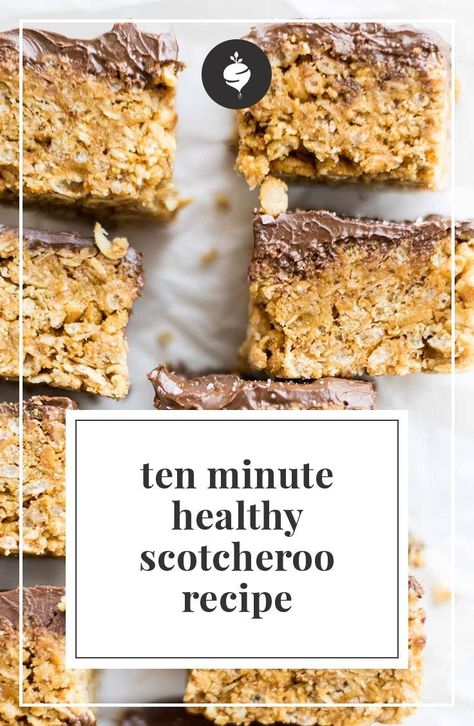 A healthy spin on the traditional scotcheroo with a fraction of the sugar and some superfoods. Grab this 10-minute healthy scotcheroo recipe.: Scotcheroos Recipe, Healthier Baking, Creative Treats, Clean Desserts, Healthy Bars, Paleo Desserts, Delectable Desserts, Recipe Simple, Thm Recipes