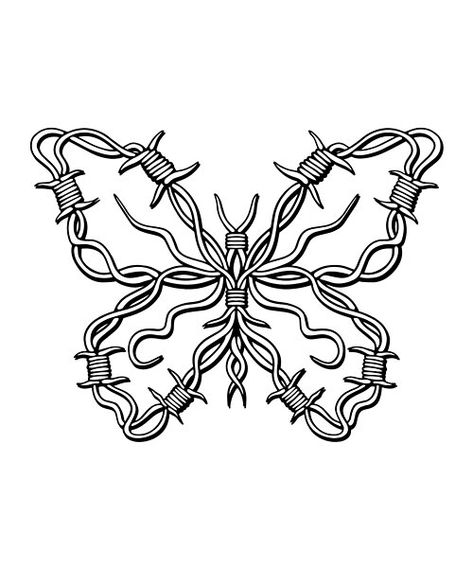 Butterfly Barbed Wire Symbol design. Bar Wire Tattoo, Spooky Butterfly Tattoo, Barbwire Drawings, Barb Wire Butterfly Tattoo, Barbed Wire Butterfly Tattoo, Rose And Butterfly Tattoos, Barbed Wire Tattoo Design, Barbed Wire Butterfly, Barbed Wire Drawing