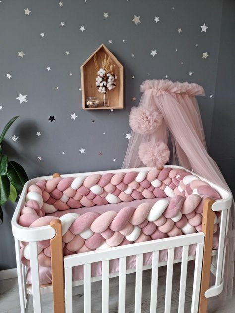 Bestseller! Baby bedding set for girl consists of: Braided crib bumper on full crib OPTIONAL canopy with 2 pompoms and holder. OPTIONAL big baldachin OPTIONAL baby blanket OPTIONAL baby nest A cot bumper will be the best purchase for a new mom. It perfectly protects the baby during sleep, is the beautiful crib decor and nursery decor. Crib padding is a great baby shower gift, kids birthday gift, pregnancy gift for new mom, new parents congratulations. Matherials - Cotton velor - Premium hypoalle Braided Crib Bumper, Oval Crib, Princess Pillow, Baby Bedding Set, Crib Canopy, Girls Bedding Sets, Cot Bumper, Baby Bedding Sets, Crib Bumper