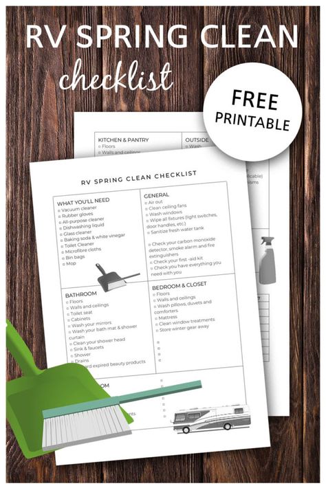 RV Spring Clean Guide + Free Printable Checklist • The Motorized Home Rv Checklist Free Printable, Rv Packing List Rv Checklist, Travel Trailer Packing List Rv Checklist, Rv Checklist Rv Packing, Spring Clean Checklist, Rv Checklist Departure, Deep Cleaning Lists, Deep Cleaning Schedule, Spring Cleaning Schedules