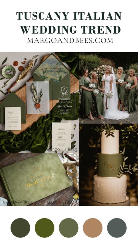 Under The Tuscan Sun Wedding, Tuscan Wedding Palette, Italian Vineyard Wedding Tuscany Italy, Olive Green Themed Wedding, Olive Tree Wedding Theme, Tuscan Wedding Colors, Deep Olive Green Wedding, Tuscan Wedding Theme Color Schemes, Olive Tree Themed Wedding