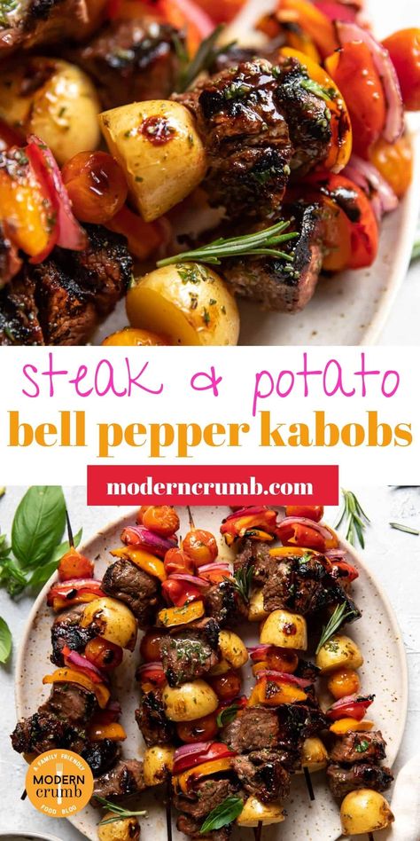 Potato Kabobs, Grilled Steak Kabobs, Shishkabobs Recipe, Grilled Kabob Recipes, Herb Oil, Grilling Kabobs, Steak Potatoes, Steak Kabobs, Beef Kabobs