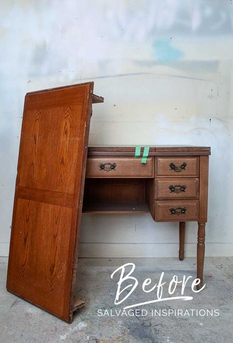 Salvaged Sewing Desk Makeover - Salvaged Inspirations Sewing Desk Ideas, Ikea Vanity Mirror, Sewing Desk Makeover, Sewing Cabinet Makeover, Old Sewing Cabinet, Girls Vanity Table, Craft Storage Ideas For Small Spaces, Sewing Table Repurpose, Small Vanity Table