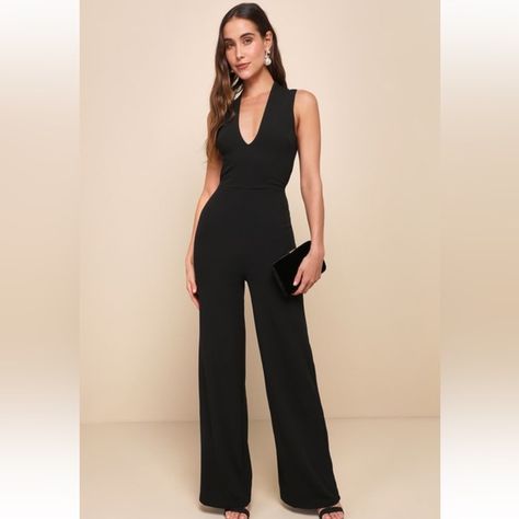 Lulu’s Thinking Out Loud Black Backless Jumpsuit NWT Lulus Jumpsuit, Black Backless Jumpsuits, Lulu Pants, Thinking Out Loud, Backless Jumpsuit, Printed Rompers, Long Sleeve Romper, Wide Leg Jumpsuit, Black Jumpsuit