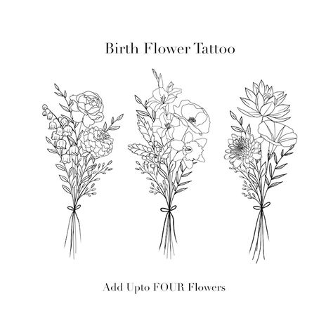 Birth Flower Bouquet Tattoo, December Flower, November Flower, Flower Bouquet Drawing, Flower Bouquet Tattoo, December Birth Flower, Birth Flower Bouquet, October Birth Flowers, July Birth Flower