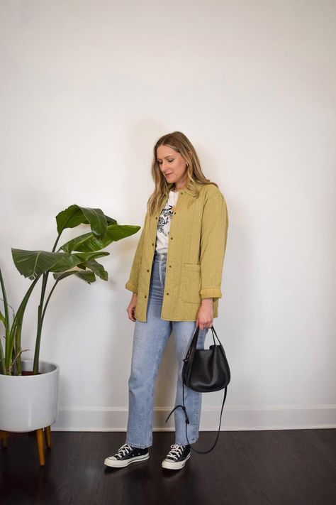 Spring outfit idea with a quilted jacket, graphic tee, Agolde 90s jeans, and converse Chuck 70 high top sneakers. Michelle Tomczak Blog. Black Lug Boots, Agolde 90s Jeans, 70 Converse, Chuck 70 Converse, 70 Outfits, Classy Street Style, Fashion Boards, Wife Style, Lug Boots