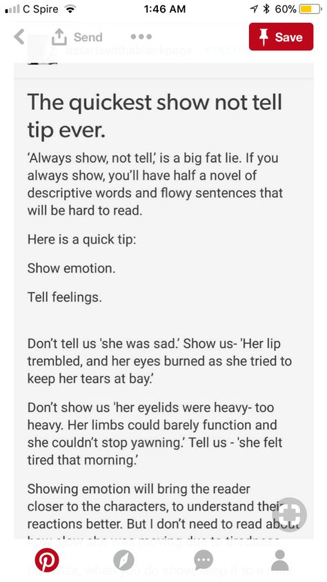 Of course there are a few exceptions, as there are with all writing tips. But it's generally helpful. How To End A Story Writing Tips, Screen Writing Prompts, Dialogue Writing Examples, How To Write Blushing, Blushing Writing Prompts, How To Write The Middle Of A Story, How To Be More Descriptive In Writing, Book Writing Tips Fiction, Dress Description Writing