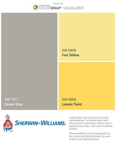 Yellow And Grey Wall Paint Ideas, Glad Yellow Sherwin Williams, Sherwin Williams Yellow Paint Colors, Yellow Grey White Color Palette, Lemon Yellow Wall Paint, Wall Painting Ideas Yellow Gray, Beach Trailer, Cosy Home Decor, Hall Colour