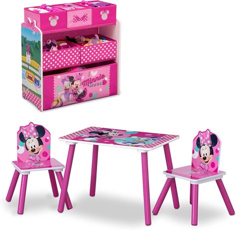 Disney Minnie Mouse 4-Piece Playroom Solution by Delta Children – Set Includes Table and 2 Chairs and 6-Bin Toy Organizer Your Price $89.97 Minnie Mouse Table, Lily Care, Kids Storage Units, Kids Bench, Kids Toy Boxes, Toy Bin, Kids Shelves, Toddler Playroom, Toddler Table