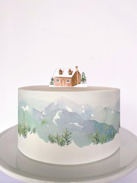 Snowy Mountain Landscape Edible Cake Wrap or Cozy Winter Cabin | Etsy Cabin Cake, 17 Cake, Cardstock Cake Topper, Snowy Mountain Landscape, 4 Cake, Cake Wraps, Snowy Mountain, Winter Mountain, Winter Cabin