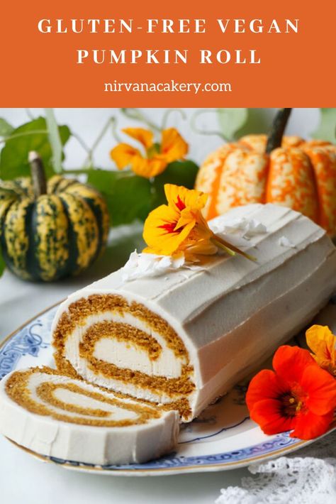 Vegan Pumpkin Roll Recipe, Vegan Pumpkin Roll, Gluten Free Pumpkin Roll, Pumpkin Roll Cake, Pumpkin Rolls Recipe, Vegan Frosting, Coconut Frosting, Pumpkin Roll, Vegan Thanksgiving