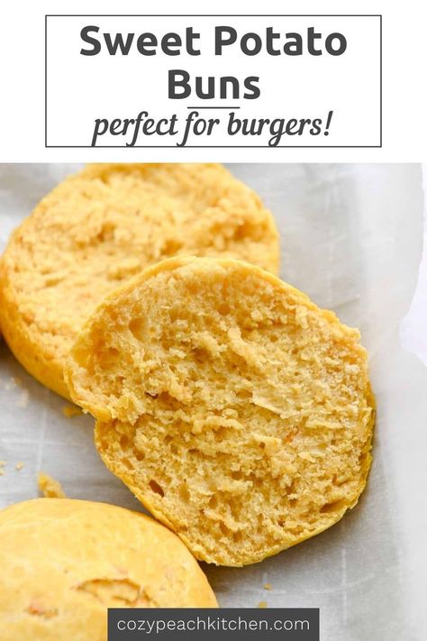 These tender, lightly sweetened, and fluffy sweet potato buns are the perfect way to serve burgers. Baked mashed sweet potato adds a ton of flavor to these burger buns, which freeze well and are straightforward to make! Baked Mashed Sweet Potatoes, Beet Burger Recipe, Sweet Potato Pancakes Vegan, Sweet Potato Burger, Potato Burger, Basic Baking, Potato Buns, Sweet Potato Puree, Sweet Potato Flour