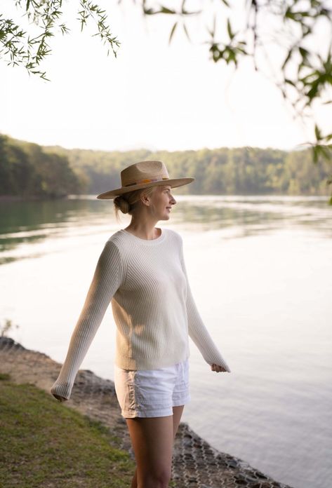 See more on AshleyBrookeDesigns.com Lakeside Sweater Ashley Brooke Designs, Bobbi Brown Lipstick, White Linen Shorts, Ashley Brooke, Summer Uniform, Picnic Bench, Brown Lipstick, Sweater Outfit, At The Lake