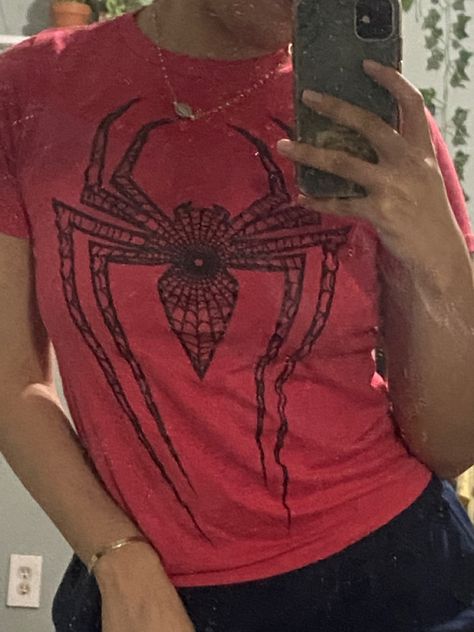 Target Spiderman Shirt, Spider Man Tshirts, Spider Man Streetwear, Spider Man Inspired Fits, Spider Man Bleach Shirt, Spiderman Bleached Shirt, Spider Man Shirt Aesthetic, Spider Man Graphic Tee, Spiderman Diy Shirt