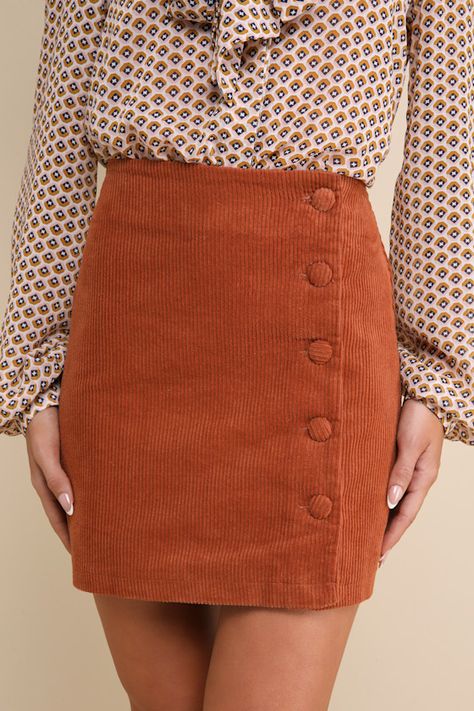 Keep it classic in the Lulus Katherina Rust Brown Button Front Corduroy Skirt! Soft and trendy corduroy shapes this high-waisted skirt with a flattering A-line silhouette and a row of functioning covered buttons along the side. Pair this skirt with a long sleeve top for a fall-approved look! Fit: This garment fits true to size. Length: Mid-thigh. Waist: Fitted - very fitted at natural waist. Hip: Loosely Fitted. Fabric: Fabric has no stretch. Unlined. 100% Cotton. Hand Wash Cold. Do Not Bleach. Lulu Skirt, Button Front Skirt, Corduroy Skirt, Covered Buttons, A Line Skirts, Long Sleeve Top, High Waisted Skirt, Long Sleeve Tops, Rust