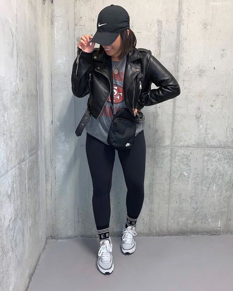 Nike Hat Outfit, Leather Jacket Ootd, Hat Outfit Ideas, Jacket Ootd, Hat Outfit, Nike Hat, Outfits With Hats, Tomboy Fashion, Faux Leather Jacket