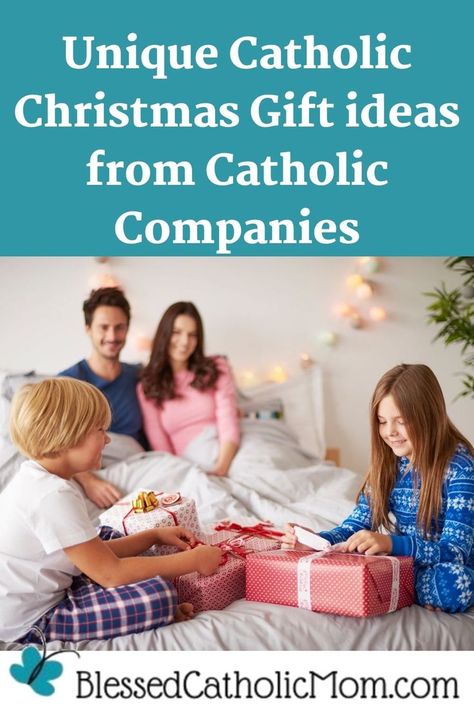 Image of a family sitting onthe parents' bed while the son and daughter sit on the end of the bed opening Christmas presents. Words above the image read: Unique Catholic Christmas Gifts form Catholic Companies. Logo at the bottom of the image is for Blessed Catholic Mom. Catholic Christmas Gifts, Advent Prayers, Saint Feast Days, Catholic Christmas, Catholic Company, Freedom In Christ, Catholic Women, Catholic Family, Christian Gifts For Women