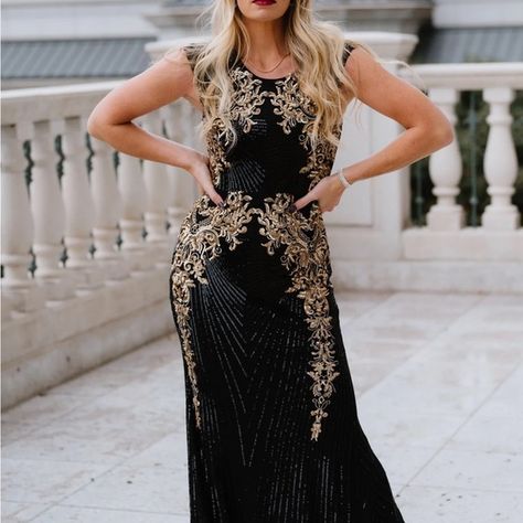 Baltic Born Azura Gown Size Small Gown Black And Gold, Black And Gold Gown, Starfall Ball, Curves Design, Fantasy Ball, Sequin Material, Gold And Black Dress, Gold Gown, Destination Dress