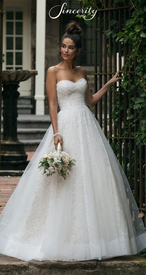 Style 44055: Airy and romantic with a soft sweetheart neckline, this allover lace ball gown features a delicate tulle overlay that will have you dancing the night away. The chapel length train is completed with horsehair trim. Strapless Wedding Dress Ballgown, Sincerity Bridal Wedding Dresses, Justin Alexander Wedding Dress, Sincerity Bridal, Wedding Dresses Sweetheart Neckline, Wedding Dresses Lace Ballgown, Lace Ball Gowns, Tulle Ball Gown, Wedding Dresses Strapless