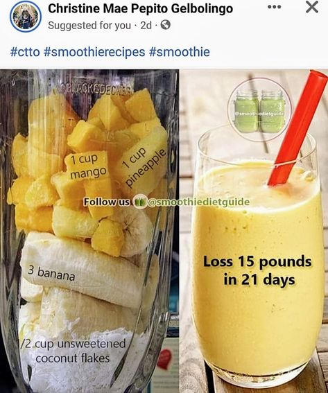 Pineapple Banana Smoothie, Smoothie Recipes Healthy Breakfast, Mango Pineapple, Smoothie Drink Recipes, Electric Foods, Smoothie Diet Plans, Unsweetened Coconut, Healthy Smoothie, Fruit Smoothie Recipes