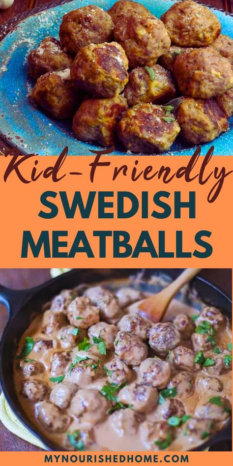 These kid-friendly Swedish meatballs are easy to make and a family favorite meal. I highly recommend making a double batch of the meatballs and storing half of them in the freezer for a future meal. This will cut down your cooking time to 10 minutes for the second meal since you will only need to make the fresh sauce. Kid Friendly Meatballs, Swedish Meatball Recipe, Easy Swedish Meatball Recipe, Swedish Meatballs Easy, Meatball Recipe, Kitchen Time, Swedish Meatballs, Easy Family Dinners, Family Dinner Recipes