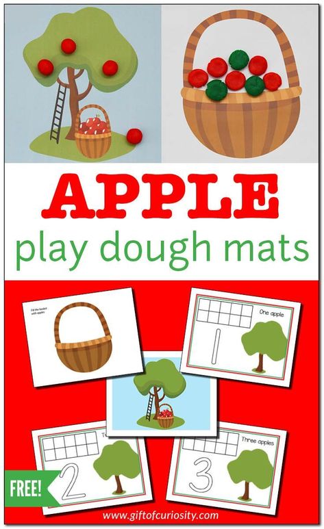 FREE printable Apple Play Dough Mats for creative fall sensory play, fine motor development, and number learning. || Gift of Curiosity Apple Unit Study, Fine Motor Play, September Preschool, Fall Sensory, Number Learning, Apple Lessons, Play Dough Mats, Fine Motor Development, Apple Preschool