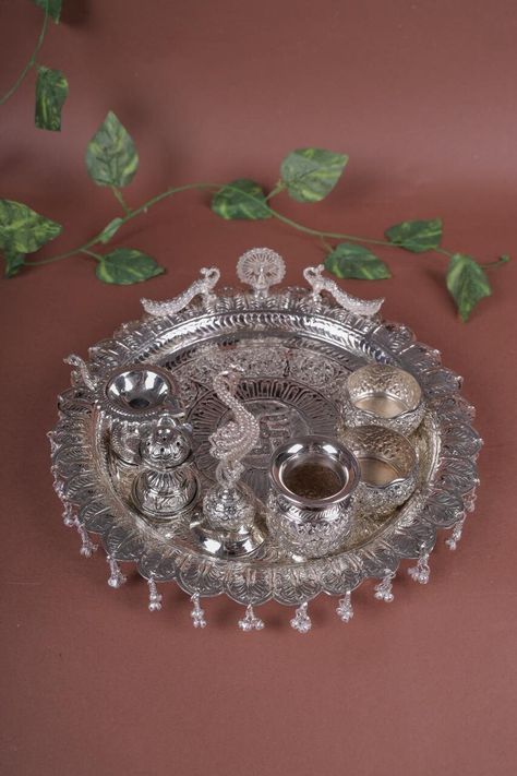 German silver Traditional Indian Pooja Thali for Spiritual Offerings,Antique Pooja Thali with Intricate Embossed Design for Collectors by Kiahandicrafts on Etsy German Silver Pooja Items, Spiritual Offerings, Wedding Thali, Silver Pooja Thali, Thali Design, Arti Thali, Puja Decor, Diwali Puja, Puja Thali