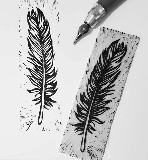 One of my earlier experiments, working on small lino scraps. I was pretty happy with how it turned out! Feather Lino Print, Feather Linocut, Ink Feather, Woodcut Art, Lino Cuts, Lino Art, Lino Cut, Feather Tattoo, Sgraffito