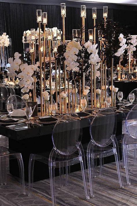 Black Gold Wedding Centerpiece, Gold Black Wedding Theme, Glam Wedding Decor, Gold Reception, Black Wedding Decorations, Clear Chairs, Black Gold Wedding, White Wedding Theme, Prom Decor