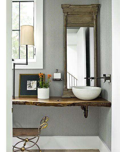 A farmhouse bathroom with natural edge counter Live Edge Countertop, Room Wallpaper Designs, French Bathroom, Powder Room Wallpaper, Sink Shelf, Wide Plank Flooring, Vanity Countertop, Guest Bathrooms, Wood Vanity