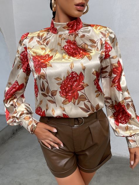 Multicolor Elegant  Long Sleeve Satin Floral Top  Non-Stretch Spring/Fall Women Tops, Blouses & Tee Satin Dresses Formal, Faith Nails, Satin Blouse Designs, Satin Top Outfit, Satin Blouse Outfit, Wedding Dress Satin, Satin Dresses Long, Satin Wedding Dresses, Floral Turtleneck